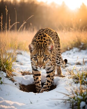 A hide toned oncilla, northern tiger cat genetic hybrid experiment fantasy animal, fictional species  in a meadow