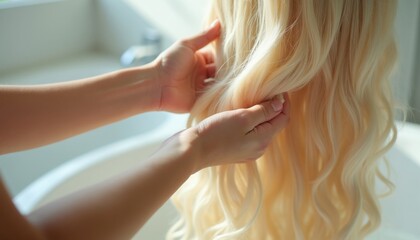 Naklejka premium Hands gently wash long blonde wavy wig in bright bathroom sink. Wig care involves cleaning and styling for a soft, shiny look. Beauty and fashion concept.