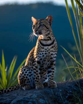 A  oncilla , northern tiger cat genetic hybrid experiment fantasy animal, fictional species in a shadow flame plateau