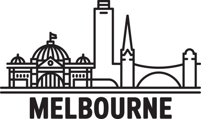 Obraz premium Melbourne city skyline silhouette with landmark architecture in clean minimal outline line style
