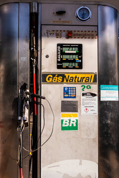 Sao Paulo, SP, Brazil, March 30, 2017. Natural gas vehicle (NGV) fueling pump at a gas station, featuring a digital display for volume and pricing. 