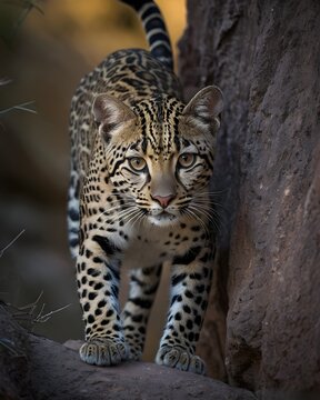  A wild oncilla , northern tiger cat genetic hybrid experiment fantasy animal, fictional species climbing an ancient canyon