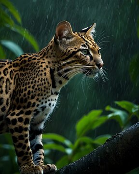 A   oncilla , northern tiger cat genetic hybrid experiment fantasy animal, fictional species in a jungle ridge