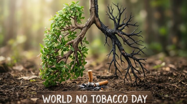 Tree shaped like human lungs growing from soil with no tobacco day message