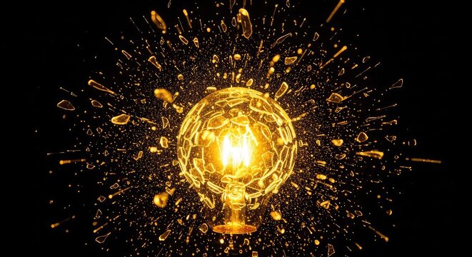 An illuminated glass bulb exploding with radiant yellow fragments flying outward against a dark backdrop, portraying dynamic creative power, particles, impact, shattering