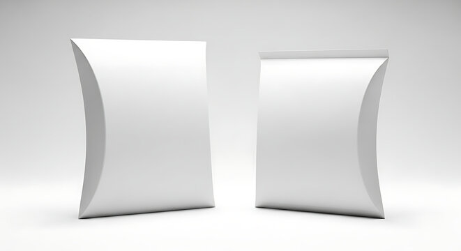 Two blank white pillow boxes packaging mockup template on a light gray background with pillow box gift box packaging template cardboard container isolated commercial minimalist