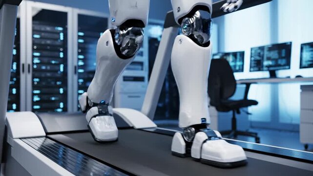 Advanced Humanoid Robot Legs Undergoing Walking Test on Treadmill in High Tech Research Laboratory.