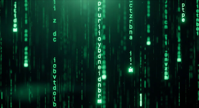 Glowing green code matrix in dark futuristic lighting for tech background