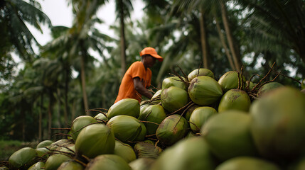 Naklejka premium Abundant harvest of fresh green coconuts with a farm worker in the background, set against a lush tropical plantation landscape during daylight