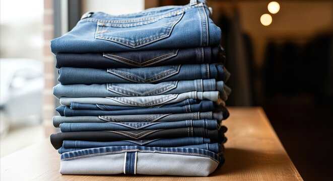 Stack of vintage cuffed jeans with selvedge hems in bright retail display, natural light, commercial copy space