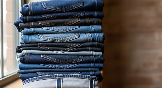 Stack of assorted denim jeans with cuffed hems and visible selvedge lines, neatly arranged for retail display with natural light.