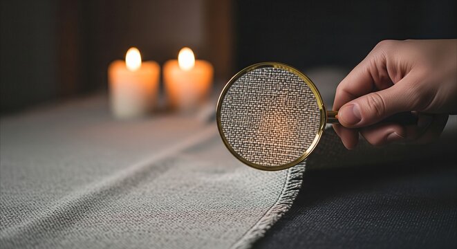 Close-up of hand holding magnifying glass to examine fabric weave texture with soft candlelight glow