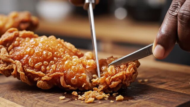 Chef cutting crispy fried chicken with a sharp knife on a wooden board.