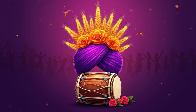 Sikh turban and dhol drum symbolize harvest festival, agriculture, and joyous spring celebration. Wheat stalks and roses adorn the vibrant purple headwear, with silhouetted dancers in background.