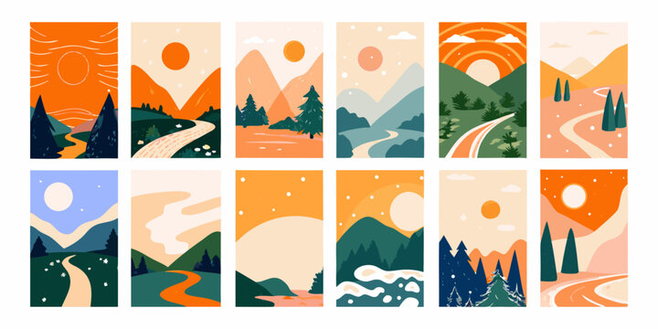 minimalist landscape illustrations collection twelve vertical designs
