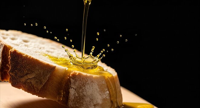 Golden olive oil splashes onto crusty bread slice with dramatic lighting, perfect for culinary and healthy lifestyle content.