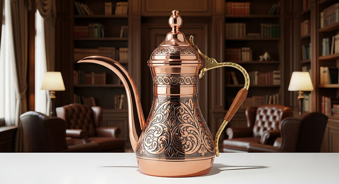Traditional ornate copper arabic coffee pot dallah in a classic library interior setting with traditional hospitality beverage engraved interior decoration drinkware heritage