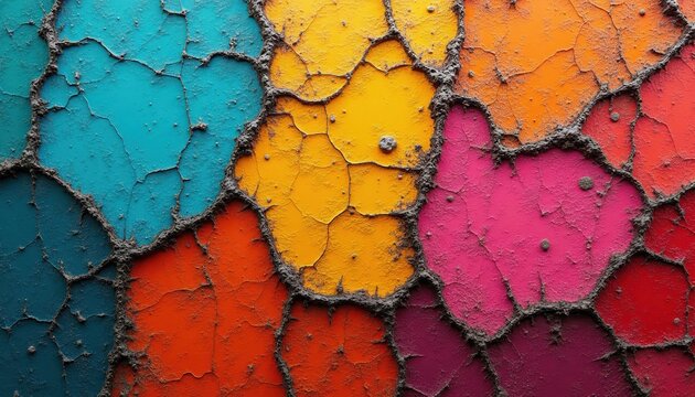 Brightly colored mosaic surface with cracked textures and dark grout lines. Vibrant abstract pattern with irregular shapes and rough finish. Artistic background for design projects.