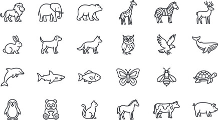 Fototapeta premium Animal Line Icon Set Featuring Wild, Farm, and Marine Animals in Minimalist Style