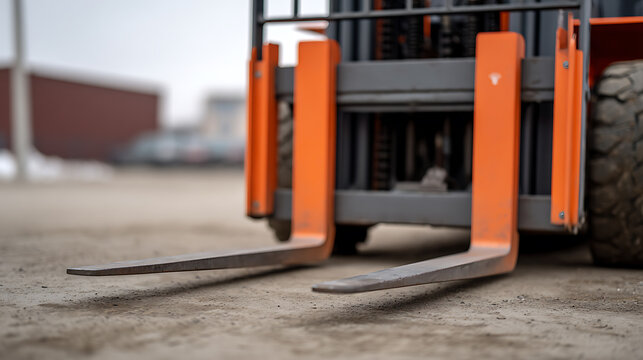 Close-up of bright orange forklift forks and industrial machinery outdoors on a paved surface, highlighting detail and operational readiness