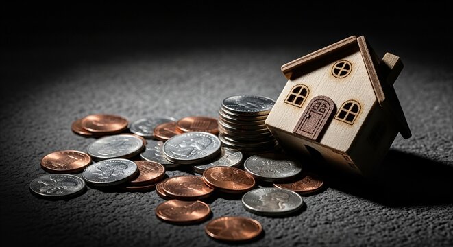 Scattered coins and a toppled miniature house symbolizing financial hardship and loss, with copy space.
