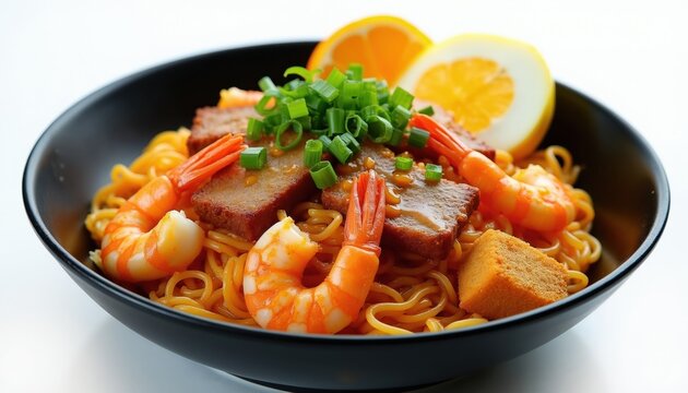 Filipino pancit palabok noodle dish features shrimp pork and egg with orange sauce. Garnished with green onions and citrus slices. Served in a black bowl on a white background.