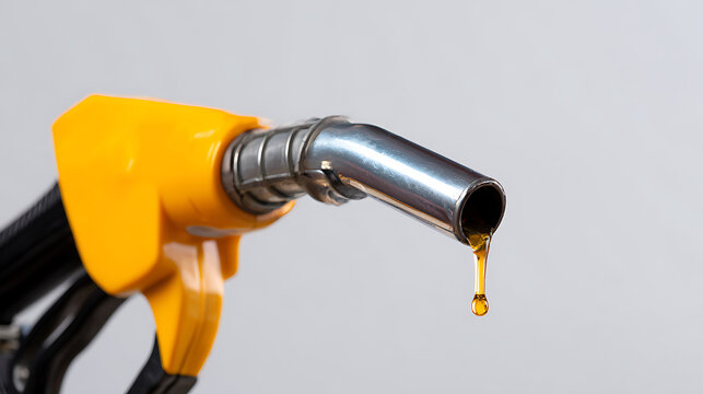 Close up of a yellow nozzle with a metallic tip, with a single golden drop of fuel falling against a clean, neutral background, symbolizing energy or finance