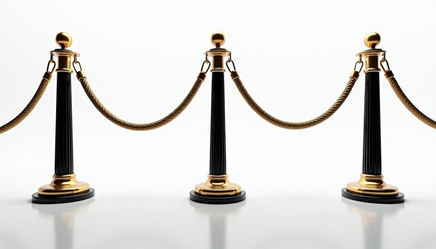 Golden stanchions with black poles and rope barriers arranged in a row on a white surface. These crowd control posts define exclusive areas for events, VIP access, or museum exhibits.