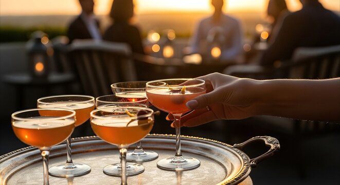 Hand reaching for elegant pink cocktail on silver tray with sunset glow and blurred guests enjoying outdoor lounge
