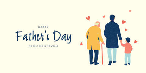 Grandfather, father and little child walking together. Father's Day banner in modern flat style with grainy texture. Suitable for holiday greeting, print and social media design. Vector illustration © Liliya