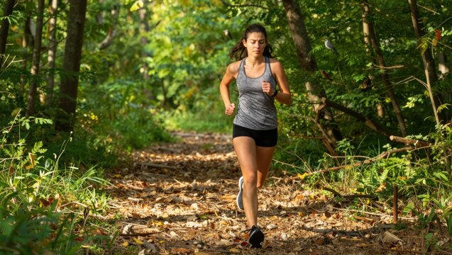 Young woman running on wooded trail in green forest morning
