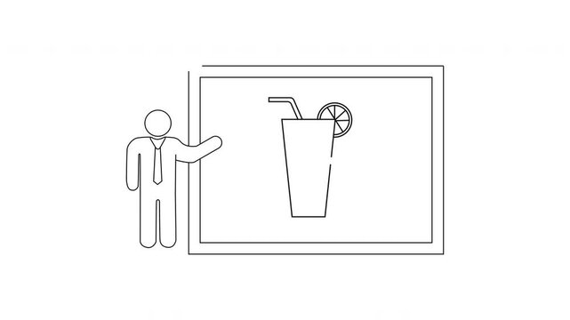 Simple Line Drawing of a Person Presenting a Drink on a Whiteboard.