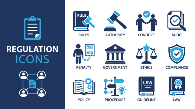 Regulation icons featuring legal and compliance themes are organized in a grid for professional corporate policy documentation layouts.