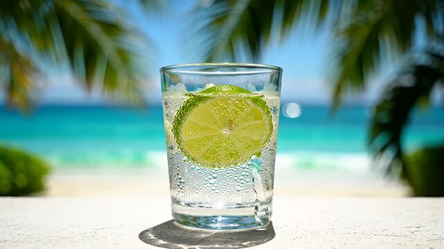 Refreshing sparkling water with lime slice on a tropical beach background.
