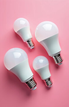 Four modern LED light bulbs in different sizes arranged on a bright pink backdrop. The electric lamps show technology for efficient illumination and energy saving concepts.