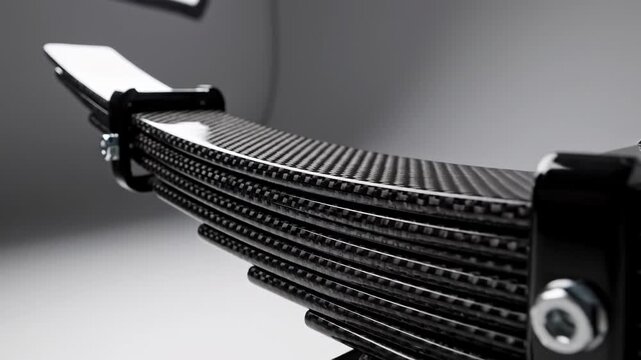 Close up of high tech carbon fiber leaf spring suspension component.