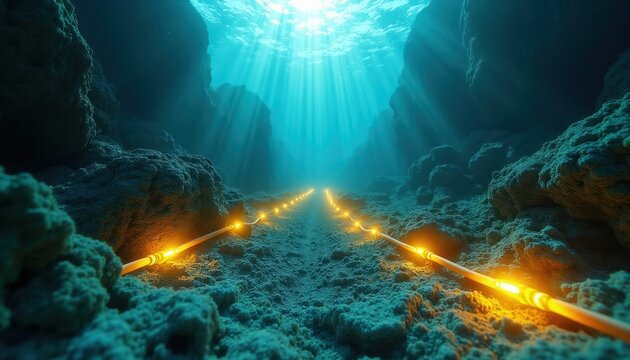 Glowing underwater cable laid on seabed. Sun rays pierce blue water forming light beams over ocean floor. Deep sea infrastructure connects distant points with power.