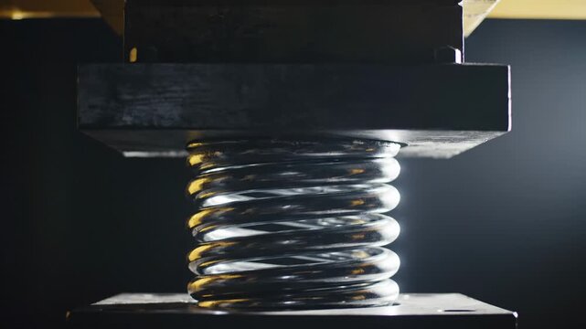 Industrial heavy duty metal coil spring being compressed under hydraulic press machine.