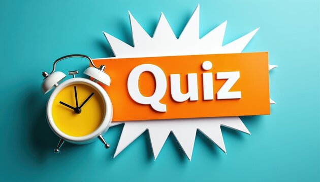 Alarm clock sits next to orange banner with word Quiz. Bright design signals time for test or game. Prepare for challenge, knowledge competition, and fun.