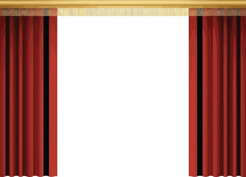 Red stage curtains opening with golden trim window dressing drawback