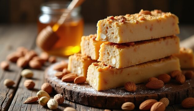 Italian nougat piled high on wood board with almonds and honey jar. Sweet confection has nuts inside and on top. Traditional Italian dessert looks delicious.