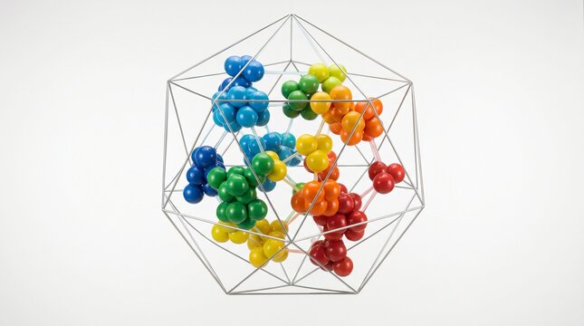 A colorful molecular structure inside a geometric wireframe polyhedron, symbolizing scientific complexity, data organization, and interconnected systems.