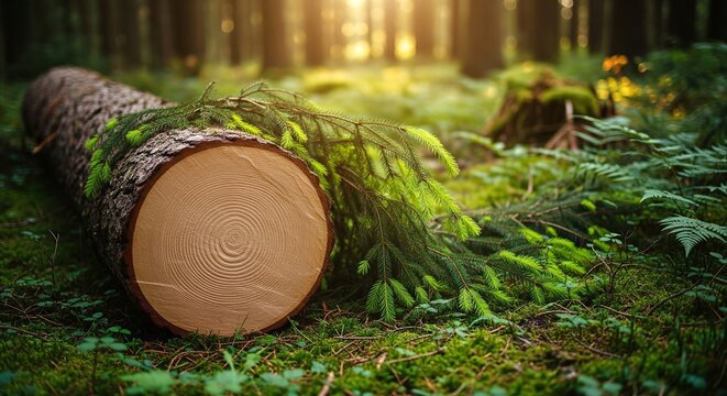 Felled tree trunk with fresh green pine branches on forest floor in golden hour light