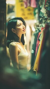 Asian woman shopping for clothes at night market in Seoul, South Korea, lifestyle concept