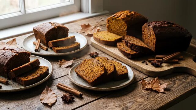 Freshly Baked Pumpkin Bread Loaves with Cinnamon Sticks and Autumn Leaves on a Rustic Table.