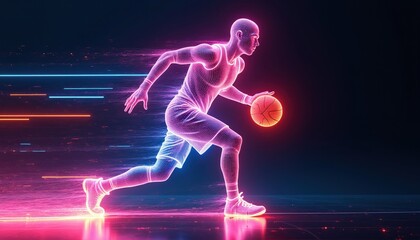 Obraz premium Neon wireframe athlete plays basketball. Player moves with ball against abstract glowing lines and particles. Dynamic digital art shows sport energy and speed.