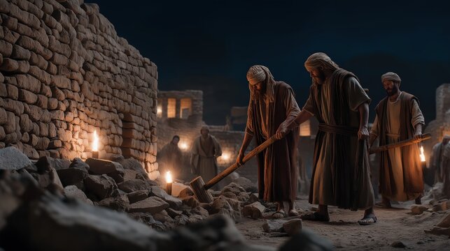 A tense nighttime village scene where Gideon and his men tear down an idol altar under torchlight, symbolizing obedience and defiance.