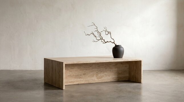Minimalist Travertine Stone Coffee Table Against Tactile Limewash Wall
