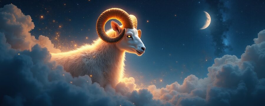 Luminous ram emerges from clouds in starry night sky beside crescent moon. Celestial ram, zodiac sign, glows with golden light. Cosmic fantasy art depicts a mystical scene in dark blue.