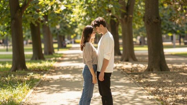 Young couple touching foreheads on park walkway under trees